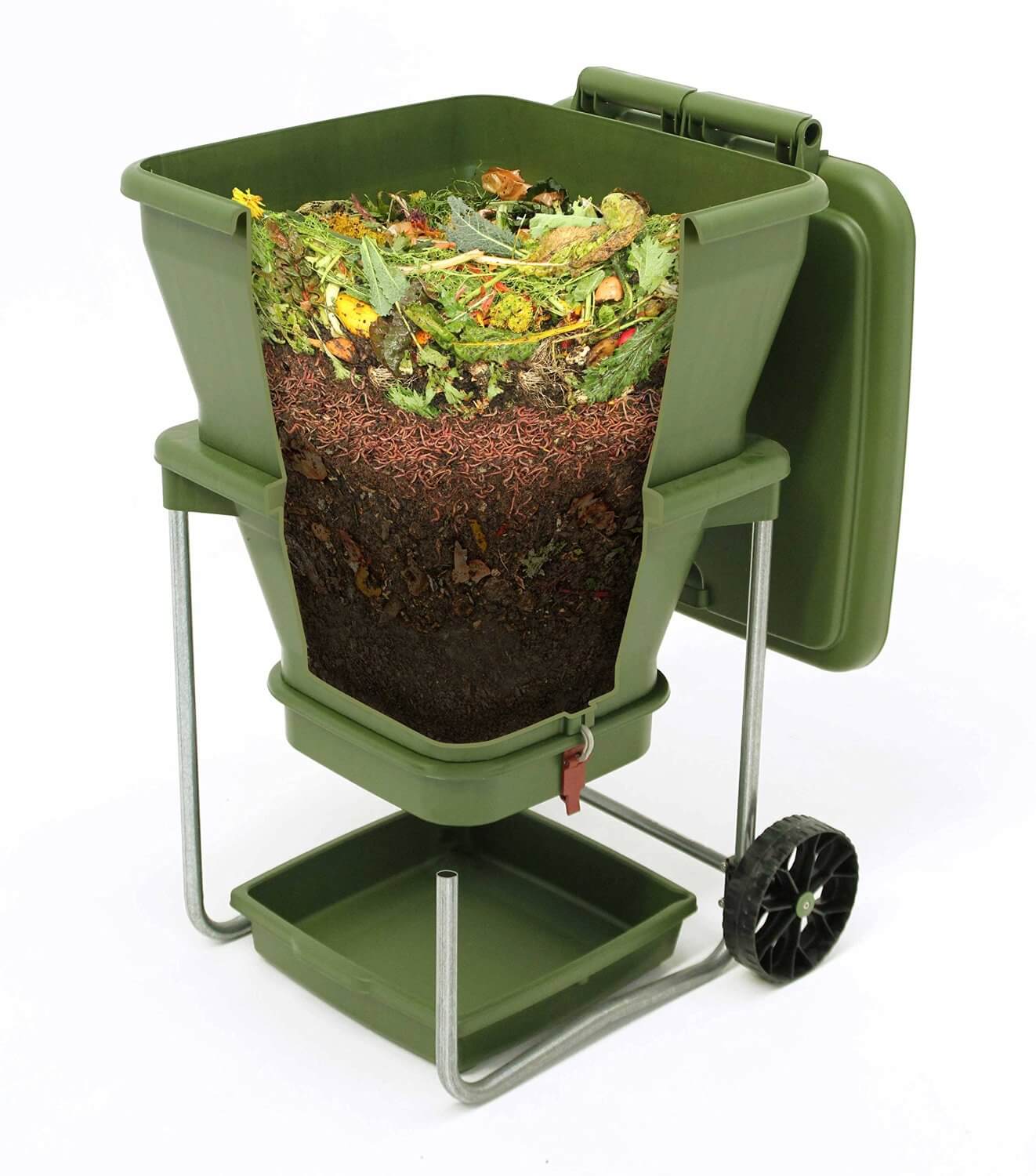A side angle of the Hungry Bin worm composter with the inside of the compost shown.