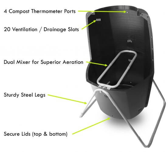 A breakdown of the specifications and unique features of the Spin Bin composting tumbler