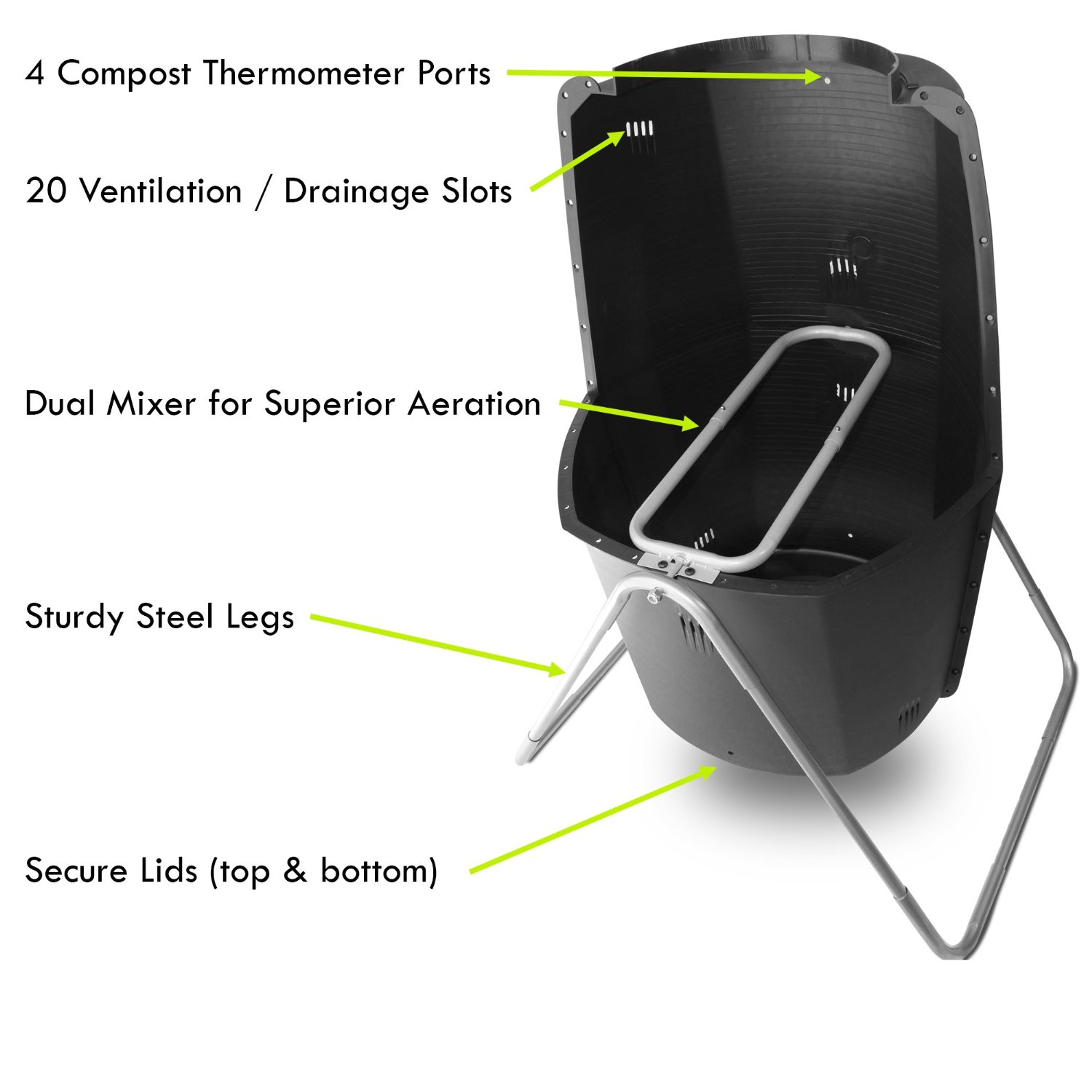 A breakdown of the specifications and unique features of the Spin Bin composting tumbler