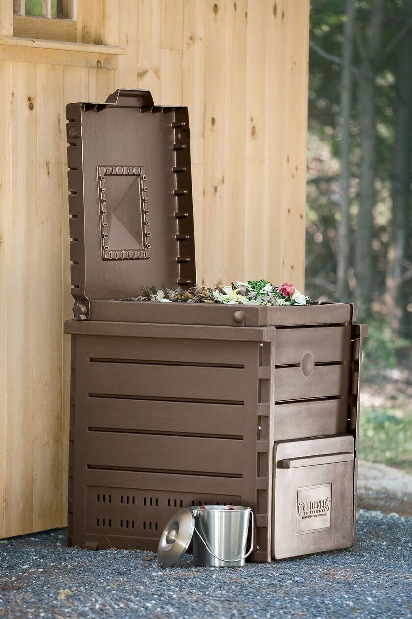 A side angle of the Deluxe Pyramid Compost Bin